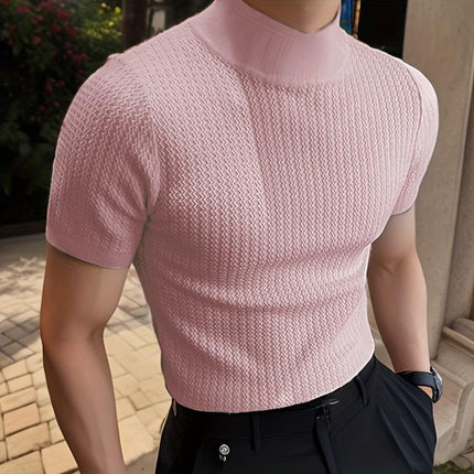 Men's Slim Fit Half Turtleneck Knitted Short Sleeve Tee | Solid Color | Lightweight Layering Top | Comfortable and Stylish | Semi-Formal and Casual Wear | Fall and Winter Fashion