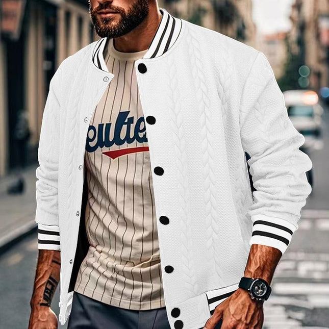 Men's Baseball Jacket | Casual Single Breasted Cardigan Style | Ribbed Stand-Up Collar | Long Sleeves with Ribbed Cuffs | Cotton-Polyester Blend | Lightweight & Warm | Side Pockets | Ideal for Autumn & Spring