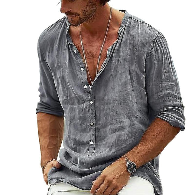 Men's Cotton Linen Shirt | Stand Collar | Long Sleeve Pullover | Casual Relaxed Fit | Breathable Comfort | Versatile Style | Easy Care | Perfect for Everyday Wear | Various Sizes Available