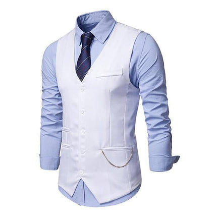 Men's V-Neck Dress Vest | Soft Woven Fabric | Sleeveless | Five-Button Closure | Chest & Waist Welt Pockets | Adjustable Buckle Back | Fully Lined | Machine Washable