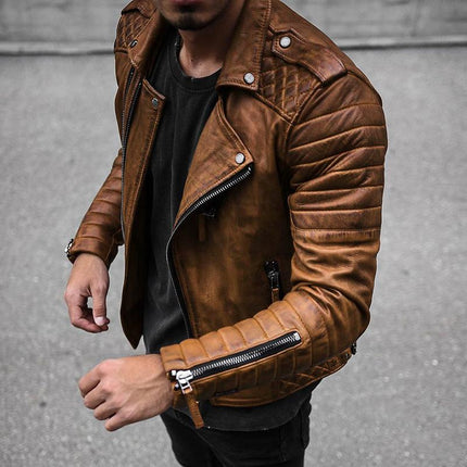 Men's Vintage Style Windproof Motorcycle Jacket | Slim Lapel | Padded Warmth | Zipper Closure | Outerwear for Cold Weather | Timeless Design | Durable Stitching | Versatile Casual Wear