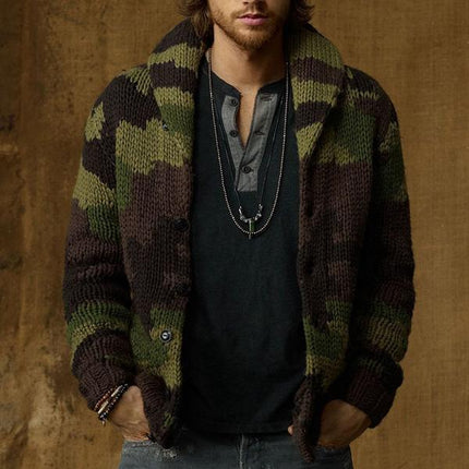 Men's Camo Jacquard Sweater Jacket | Button-Up Lapel Collar | Loose Fit | Long Sleeves | Knitted Fabric | Camouflage Pattern | Spring Autumn Winter Wardrobe Essential