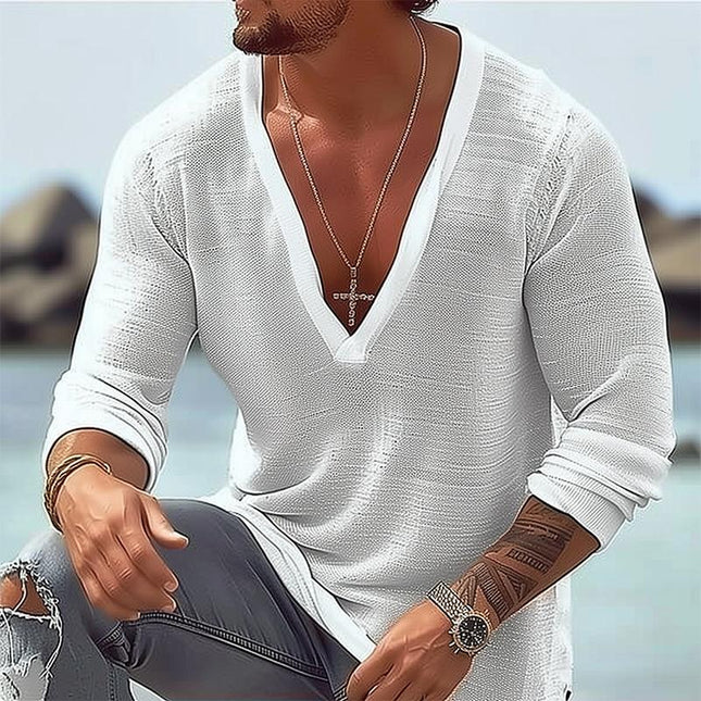Men's V-Neck Long Sleeve T-Shirt | Cotton Linen Blend | Loose Fit Casual Top | Breathable Fabric | Comfortable Everyday Shirt | Versatile Style | Available in Multiple Sizes and Colors