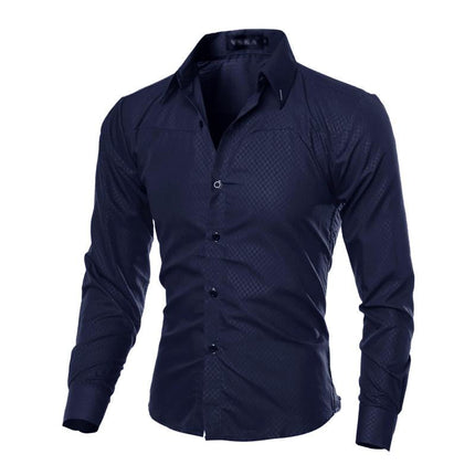 Men's Diamond Pattern Long Sleeve Dress Shirt | Cotton Blend | Elegant Design | Dark Hue | Formal Casual Versatile Style