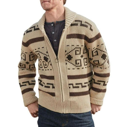 Men's Knitted Cardigan Jacket | Geometric Print Lapel | Zipper Closure | Loose Fit | Long Sleeve | Cozy Sweater for Spring Autumn Winter