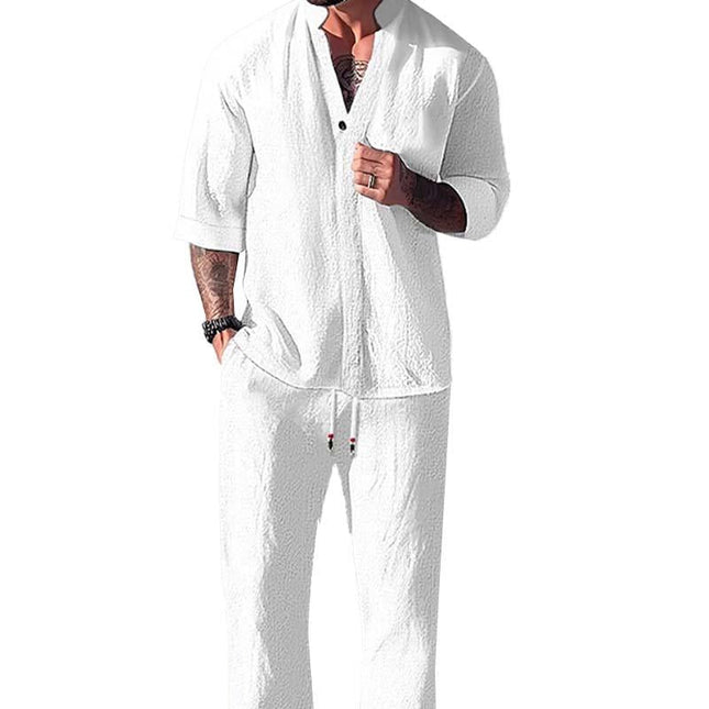 Men's Casual Solid Color Shirt & Trousers Set | Loose Fit | Half Sleeve | Breathable Fabric | Versatile Outfit for Spring, Summer, Fall | Perfect for Beach, Vacations, Picnics | Style & Comfort