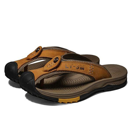 Men's Non-Slip Beach Slippers | Wear-Resistant Sandals | Anti-Collision Toe Cap | Durable Leather Upper | Rugged Rubber Outsole | Great Traction & Durability