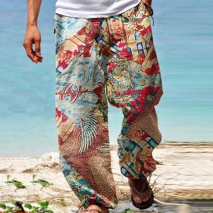 Men's Vintage Style Loose Fit Printed Pants | Cotton Blend | Casual Drawstring Trousers | Spring Summer Beach Wear | Comfortable Breathable Fabric | Ideal for Vacations & Leisure Activities