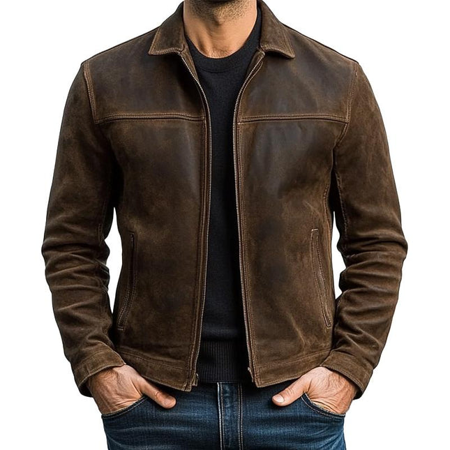 Men's Vintage Distressed Leather Jacket | Genuine Premium Leather | Sleek Fitted Design | Full-Length Zipper | Long Sleeves | Classic Black or Brown | Handcrafted Durable Outerwear | Timeless Style for Everyday Wear