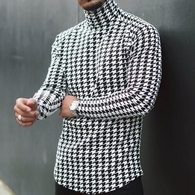 Men's Long Sleeve T-Shirt | Houndstooth Print | Casual Wear | Crew Neck | Soft Cotton Blend | Black & White | Comfortable Fit | Stylish Houndstooth Pattern | Trendy Outfit | For Office and Outings