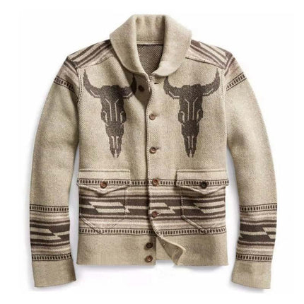 Men's Vintage Jacquard Cardigan | Lapel Collar | Single Breasted Knit | Soft Cotton Acrylic Blend | Intricate Pattern | Long Sleeves with Pockets | Easy Care | Multiple Sizes Available | Versatile Layering Piece