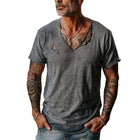 Men's V-Neck T-Shirt | Distressed Ripped Raw Edge | Short Sleeves | Solid Color | Breathable Fabric | Casual Comfortable Style | Rugged Urban Look | Versatile Everyday Wear