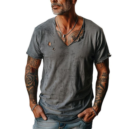 Men's V-Neck T-Shirt | Distressed Ripped Raw Edge | Short Sleeves | Solid Color | Breathable Fabric | Casual Comfortable Style | Rugged Urban Look | Versatile Everyday Wear
