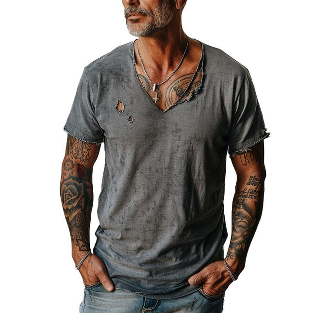 Men's V-Neck T-Shirt | Distressed Ripped Raw Edge | Short Sleeves | Solid Color | Breathable Fabric | Casual Comfortable Style | Rugged Urban Look | Versatile Everyday Wear