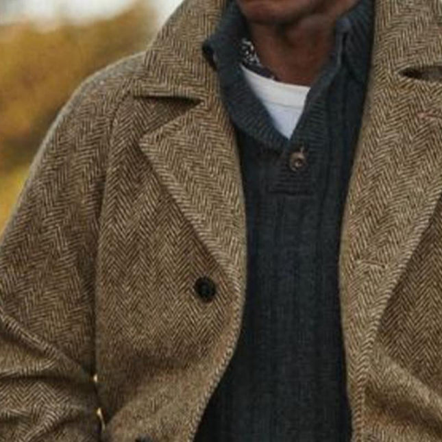 Men's Vintage Herringbone Coat | Mid-Length Wool Blend | Classic Notch Lapel | Buttoned Cuffs | Formal & Casual Wear | Charcoal Gray Navy Blue Black | Sizes S-3XL | Two Front Pockets | Single-Breasted