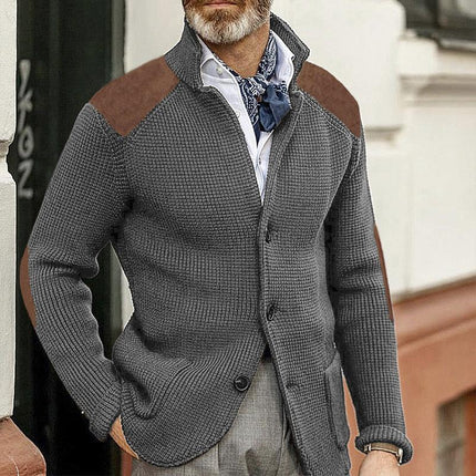 Men's Vintage Knitted Blazer | Stand Collar | Patchwork Detail | Slim Fit | Long Sleeve | Elegant Outerwear | Classic Style
