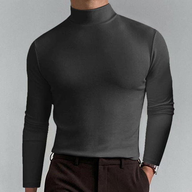 Men's Long Sleeve T-Shirt | High Neck | Solid Color | Fitted Cut | Casual Wear | Breathable Fabric | Versatile Styling | Suitable for Fall Winter | Modern Silhouette | Comfortable Everyday Top