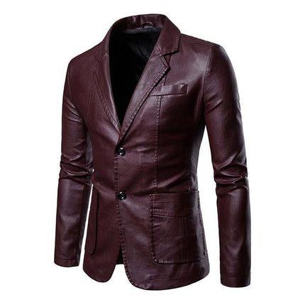 Men's Vintage Style Blazer | Two Button PU Leather Jacket | Slim Fit | Single Breasted | Classic Lapel | Stylish Outerwear | Fashion Forward | High Quality Craftsmanship | Versatile & Durable