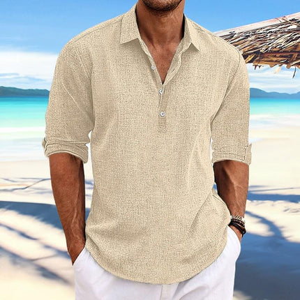 Men's Solid Color Pullover Shirt | Cotton & Linen Blend | Lapel Collar | Roll-Up Sleeves | Casual Long Sleeve Top | Breathable Fabric | Versatile Style