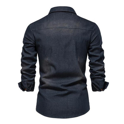 Men's Vintage Denim Shirt | Classic Button-Down Style | Premium Denim Fabric | Distressed Wash | Chest Pockets | Cuffed Sleeves | Comfortable Slim Fit | Versatile Casual and Smart-Casual Wear | Colors: Navy, Black