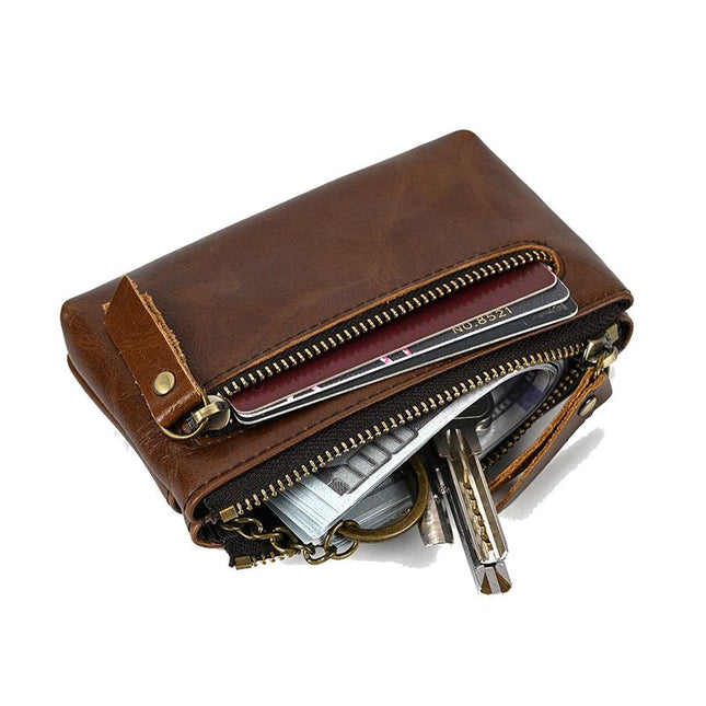 Men's Vintage Cowhide Wallet | Multi-Layer Zipper Mini Case | Retro Handmade Distressed Leather | Compact Travel Purse | Lightweight Coin & Card Holder | Stylish Design | Durable Top-Grain Cowhide
