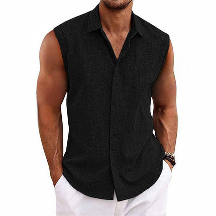 Men's Sleeveless Shirt | Solid Color Lapel | Cotton Linen Blend | Breathable & Durable | Classic Timeless Design | Ideal for Casual & Warm Weather | Versatile Pairing with Jeans or Trousers