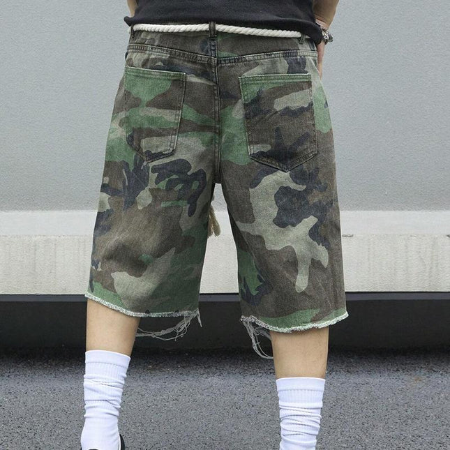 Men's Camouflage Ripped Cropped Trousers | Slim Fit | Cotton Spandex Blend | Vintage Washed | Casual Streetwear | Distressed Ankle Length Pants | Spring Summer Fall Fashion