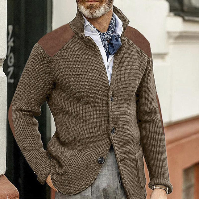 Men's Vintage Knitted Blazer | Stand Collar | Patchwork Detail | Slim Fit | Long Sleeve | Elegant Outerwear | Classic Style