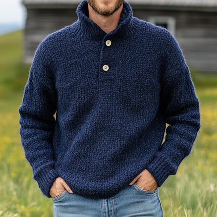 Men's Dark Blue Stand Collar Knit Sweater | Two-Button Detail | Vintage Style | Cotton Wool Blend | Long Sleeves | Ribbed Cuffs | Sophisticated Design | Versatile Cold Weather Wear | Textured Knit Pattern