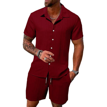 Men's Casual Set | Solid Color Striped Lapel Shirt | Short Sleeve | Tailored Shorts | Premium Fabric | Versatile Outfit | Stylish Designs | Comfortable Fit