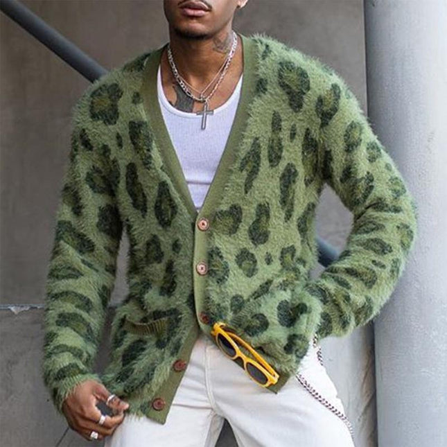 Men's Mohair Cardigan | Vintage Leopard Pattern | V-Neck | Single-Breasted Button Closure | Long Sleeve | Modern Fit | Side Pockets | Luxurious Mohair Fabric | Stylish Outerwear | S-XL Sizes