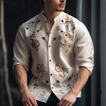 Men's Long Sleeve Floral Print Shirt | Crew Neck Casual Top | Cotton Blend Breathable Fabric | Relaxed Fit | Versatile for Spring and Fall | Comfortable Stylish Design