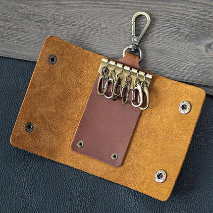 Cowhide Key Case for Men | Retro Casual Style | Waist Hanging Design | Button Closure | Short Length | Hook Element | Plain Pattern
