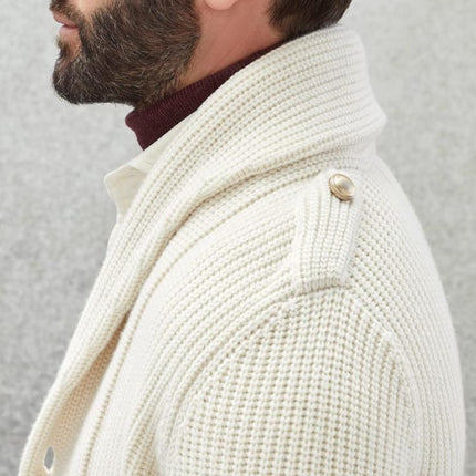 Men's Knitted Cardigan | Double Breasted | Lapel Design | Solid Color | High-Quality Fabric | Warm & Comfortable | Casual Fashion | Ribbed Details | Horn Buttons | Versatile Styling | Timeless Outerwear