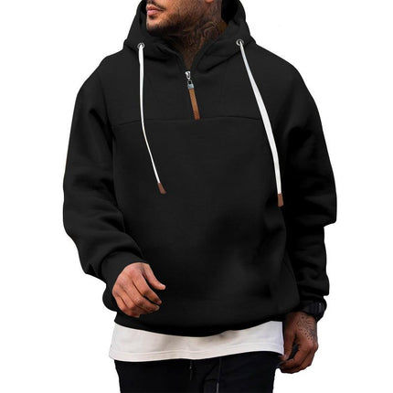 Men's Zipper Collar Patchwork Hoodie | Casual Loose Fit Pullover | Breathable Comfort | Modern Stylish Design | Kangaroo Pocket | Adjustable Hood | Ideal for Layering | Versatile Outdoor & Indoor Wear