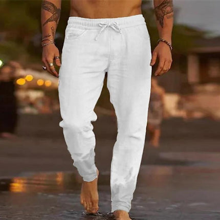 Men's Cotton Blend Beach Pants | Solid Color | Elastic Waist Drawstring | Relaxed Fit | Lightweight & Breathable | Multipurpose Casual | Summer Essentials | Multiple Pockets | Comfortable Loungewear