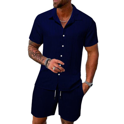 Men's Casual Set | Solid Color Striped Lapel Shirt | Short Sleeve | Tailored Shorts | Premium Fabric | Versatile Outfit | Stylish Designs | Comfortable Fit