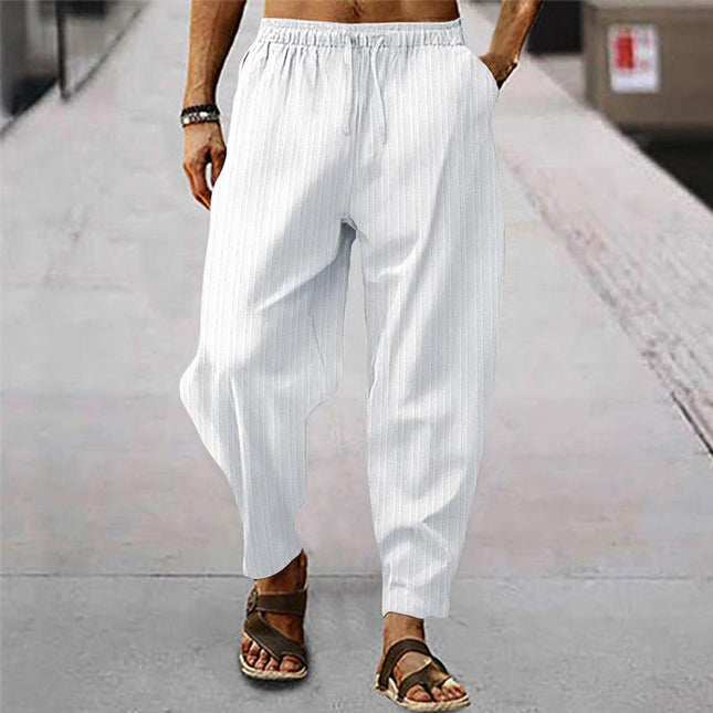 Men's Loose Fit Striped Trousers | Breathable Cotton Linen Blend | Casual Sports Pants | Elastic Drawstring Waistband | Stylish Comfortable Design | Ideal for Everyday Wear