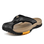 Men's Protective Toe Slip-On Flip-Flops | Vintage Leather Upper | Anti-Collision Toe Cap | Durable Rubber Outsole | Non-Slip Sole | Beach Vacation Essentials