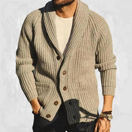 Men's Khaki Knit Lapel Jacket | Loose Fit Long Sleeve | Spring Autumn Winter Outerwear | Button Fastening | Machine Washable | Casual Streetwear