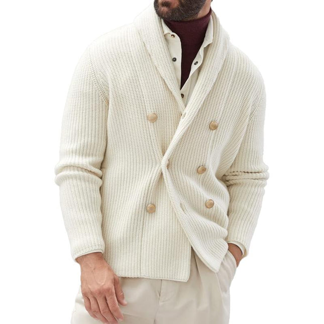 Men's Knitted Cardigan | Double Breasted | Lapel Design | Solid Color | High-Quality Fabric | Warm & Comfortable | Casual Fashion | Ribbed Details | Horn Buttons | Versatile Styling | Timeless Outerwear