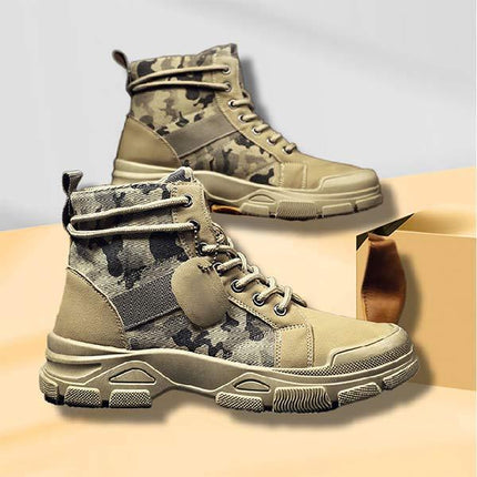 Men's Vintage Camouflage High-Top Ankle Boots | Lace-Up Closure | Slip-Resistant Rubber Sole | Durable Military Style | Comfortable Inner Lining | Sturdy and Rugged | Perfect for Casual and Formal Wear