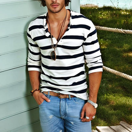 Men's Henley Shirt | Striped Long Sleeve | Cotton Blend | Casual Comfortable Fit | Fashionable Buttoned Placket Top | Versatile Wardrobe Essential