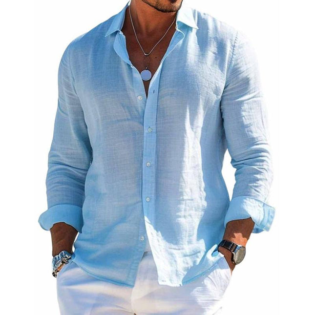 Men's Cotton Linen Lapel Shirt | Casual Long Sleeve | Solid Color | Breathable Lightweight | Relaxed Fit | Effortless Style | Versatile Look | Machine Washable