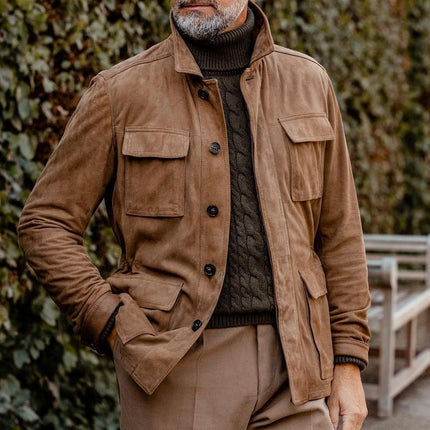 Men's Vintage Suede Jacket | Multi Pocket Design | Brown Lapel Outerwear | Classic Style | Premium Suede Fabric | Full Sleeve Warm Coat | Nostalgic Fashion for Men