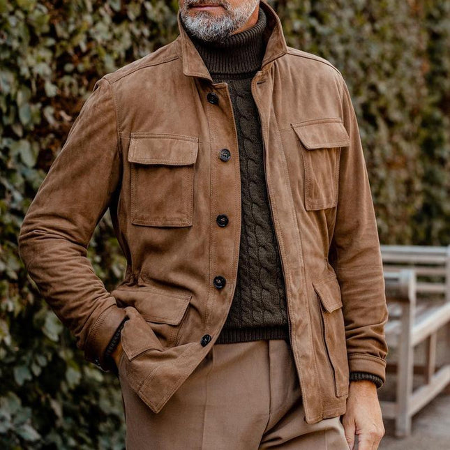 Men's Vintage Suede Jacket | Multi Pocket Design | Brown Lapel Outerwear | Classic Style | Premium Suede Fabric | Full Sleeve Warm Coat | Nostalgic Fashion for Men