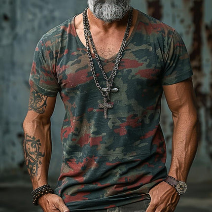 Men's Camouflage Print V-Neck T-Shirt | Regular Fit Short Sleeve | Cotton Polyester Blend | Trendy Outdoor Casual Wear | Pair with Jeans or Shorts | Machine Washable | Spring Summer Fashion