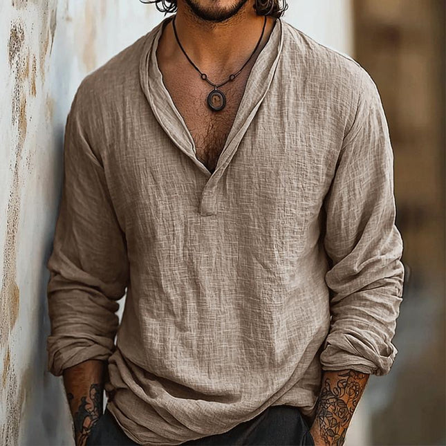 Men's Blended Cotton Linen Shirt | Lapel Collar | Long Sleeve | Pleated Design | Regular Fit | All Seasons | Variety of Sizes | Casual & Formal Wear
