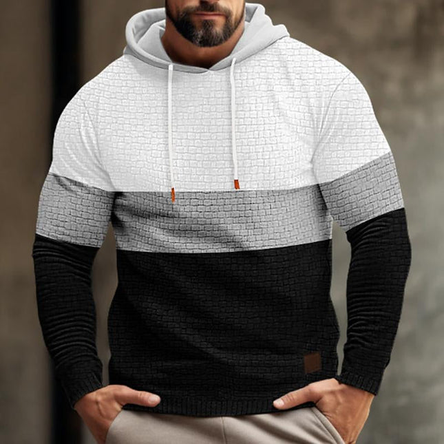 Men's Long Sleeve Hooded Sweatshirt | Color Block Pattern | Textured Waffle Fabric | Casual Comfort | Versatile Casual Wear | Cozy Hood for Warmth | Modern Design | Ideal for Spring & Autumn
