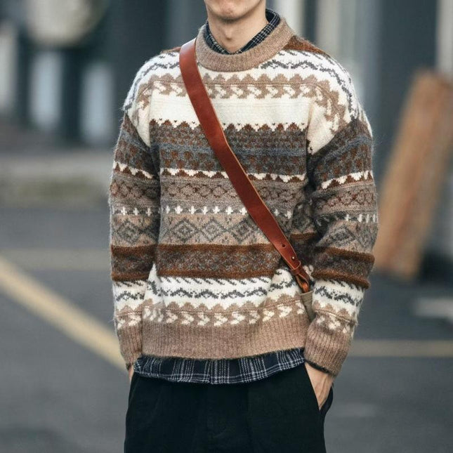Men's Sweater | Fair Isle Jacquard Pattern | Round Neck | Long Sleeve | Soft Knit Fabric | Casual Winter Wear | Comfort & Style | Regular Fit | Warm Outerwear | Fashionable & Cozy